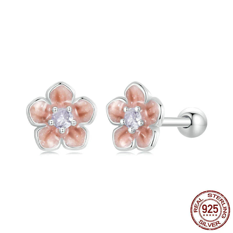 Aretes botón flor de cerezo en plata .925 para niñas con cierre de rosca